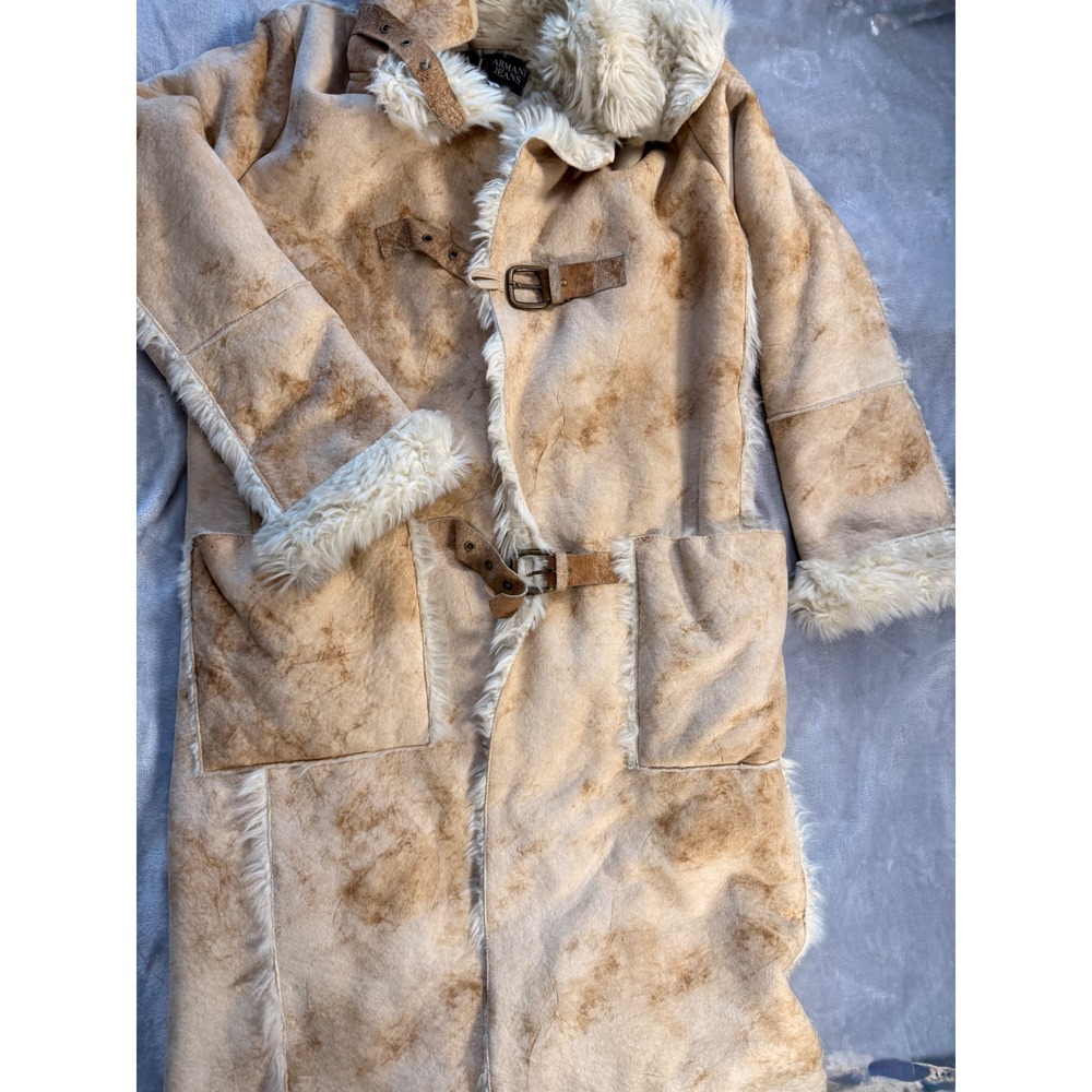 Armani Jeans Faux Sherling Long Coat Tan Cream Made in Italy Size 40 (6) - Picture 7 of 16
